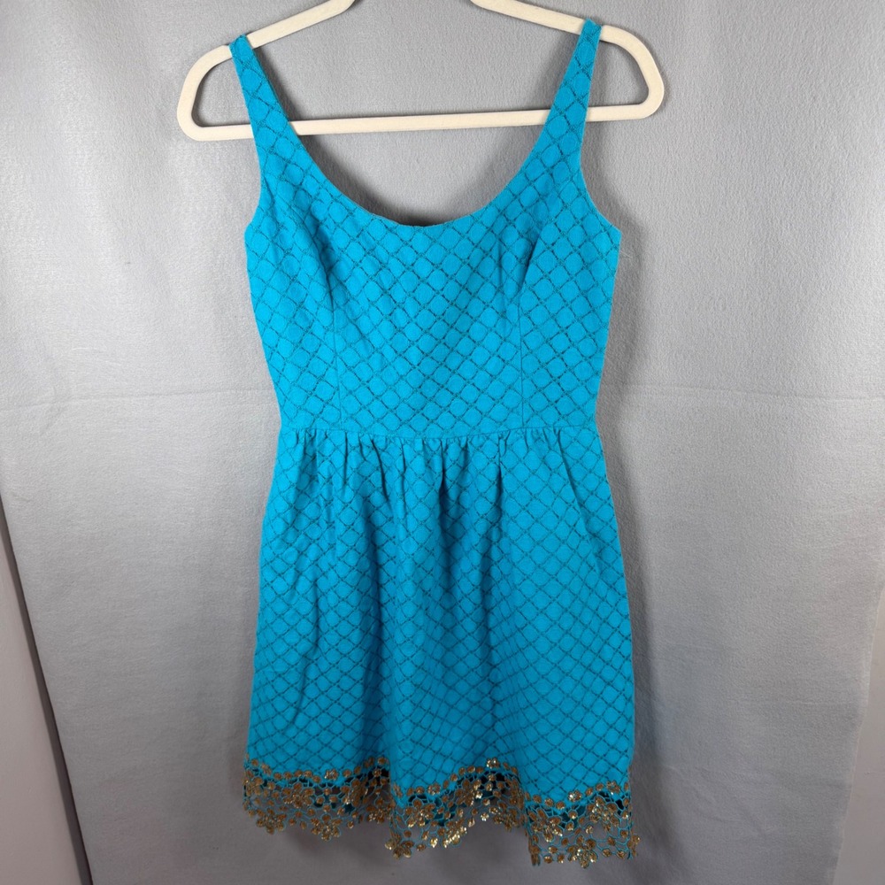 Lilly Pulitzer Dress Womens 2 Blue Gold Sequin Floral Hem Lace Fit & Flare 57343